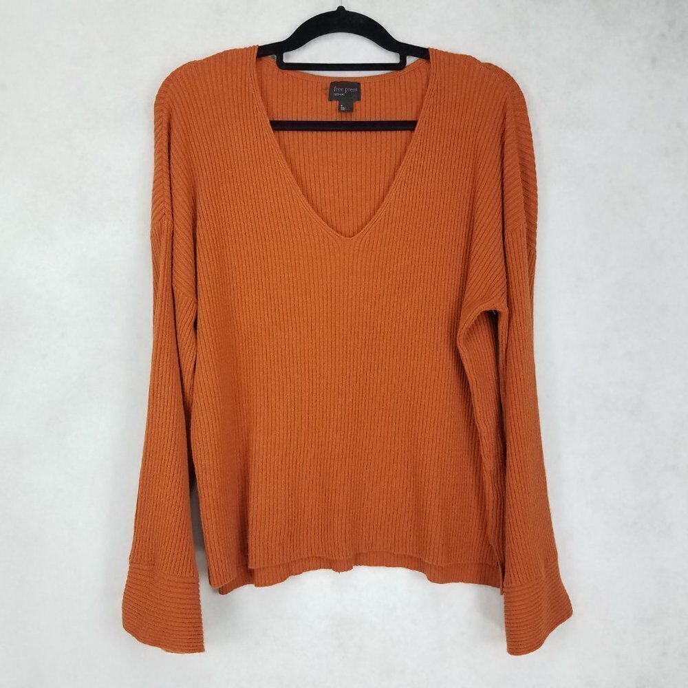 Free Press Sweater Pullover Ribbed Knit V neck Burnt Orange Womens M Fall Casual